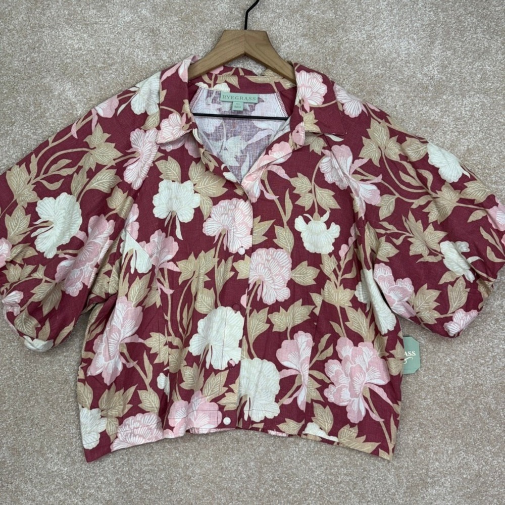 NWT Ryegrass Linen Blend Pink Floral Blouse Size XLTropical Print Short Sleeve